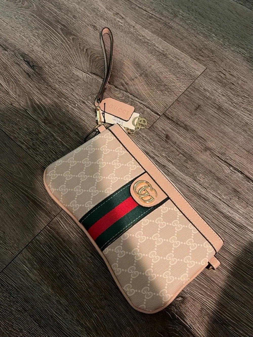 Gucci Beige Monogram Wristlet with Green and Red Web Stripe